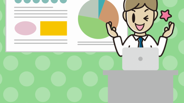 プレゼンでウインクする男性会社員（ワイシャツ）のイラスト【色、背景あり】PNG