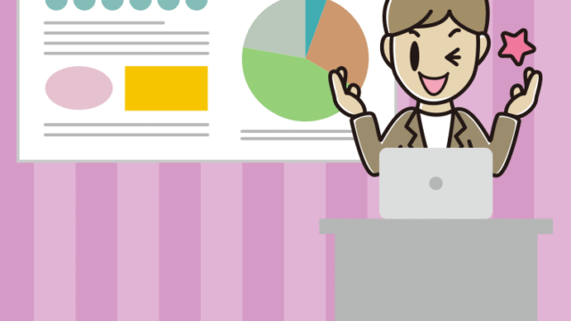 プレゼンでウインクする男性会社員（カジュアル）のイラスト【色、背景あり】PNG