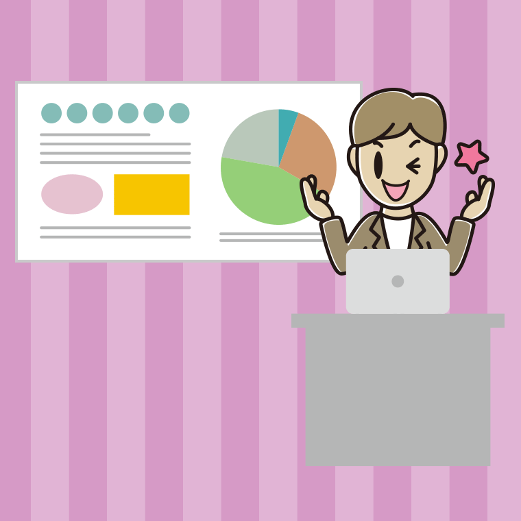 プレゼンでウインクする男性会社員（カジュアル）のイラスト【色、背景あり】PNG