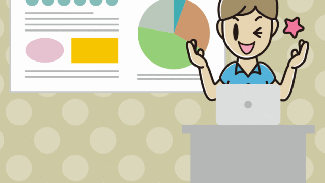 プレゼンでウインクする男性会社員（クールビズ）のイラスト【色、背景あり】PNG