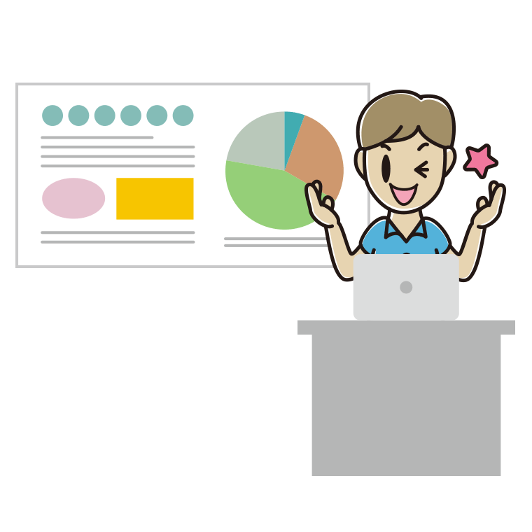 プレゼンでウインクする男性会社員（クールビズ）のイラスト【色あり、背景なし】透過PNG