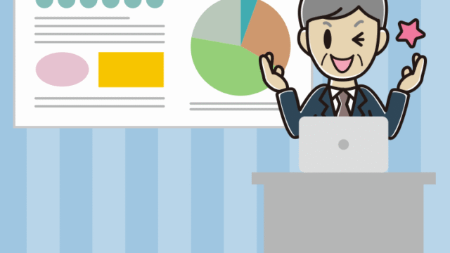 プレゼンでウインクする年配男性会社員のイラスト【色、背景あり】PNG