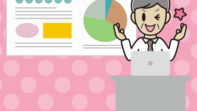 プレゼンでウインクする年配男性会社員（ワイシャツ）のイラスト【色、背景あり】PNG