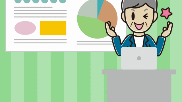 プレゼンでウインクする年配男性会社員（カジュアル）のイラスト【色、背景あり】PNG