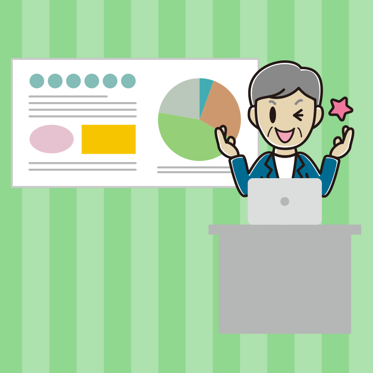 プレゼンでウインクする年配男性会社員（カジュアル）のイラスト【色、背景あり】PNG