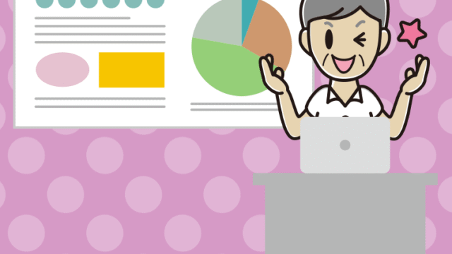 プレゼンでウインクする年配男性会社員（クールビズ）のイラスト【色、背景あり】PNG