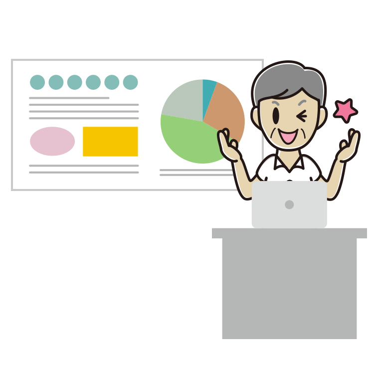 プレゼンでウインクする年配男性会社員（クールビズ）のイラスト【色あり、背景なし】透過PNG