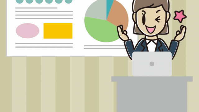 プレゼンでウインクする女性会社員のイラスト【色、背景あり】PNG