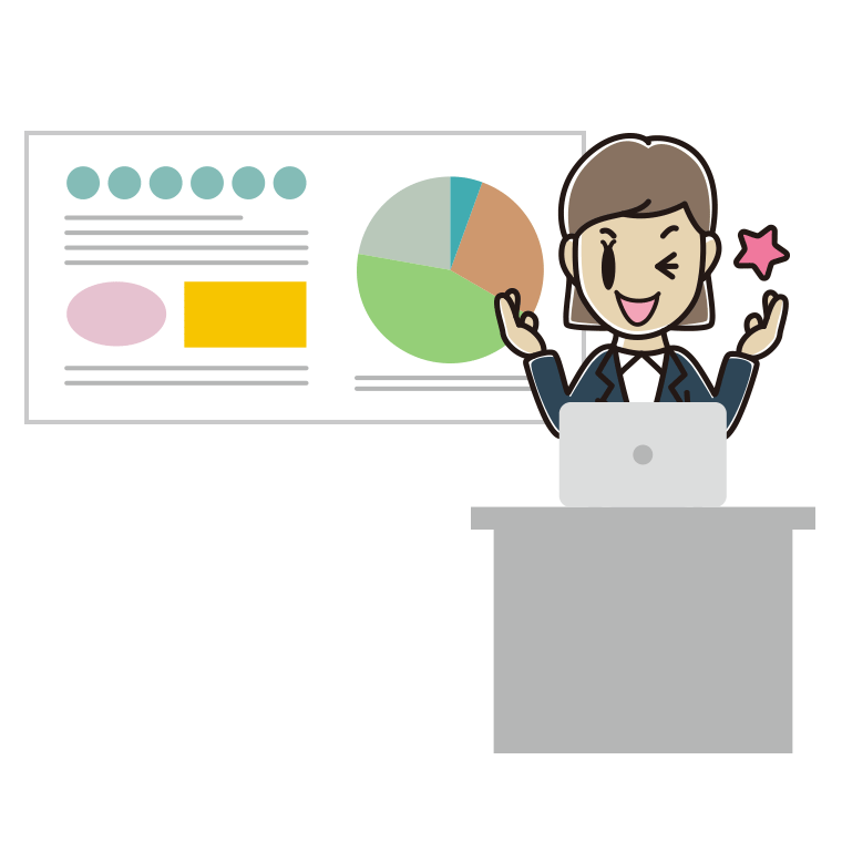 プレゼンでウインクする女性会社員のイラスト【色あり、背景なし】透過PNG
