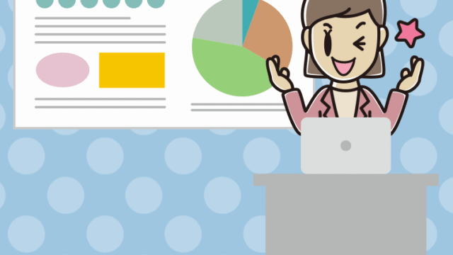 プレゼンでウインクする女性会社員（カジュアル）のイラスト【色、背景あり】PNG