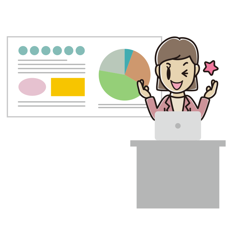 プレゼンでウインクする女性会社員（カジュアル）のイラスト【色あり、背景なし】透過PNG