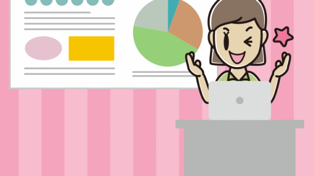 プレゼンでウインクする女性会社員（クールビズ）のイラスト【色、背景あり】PNG