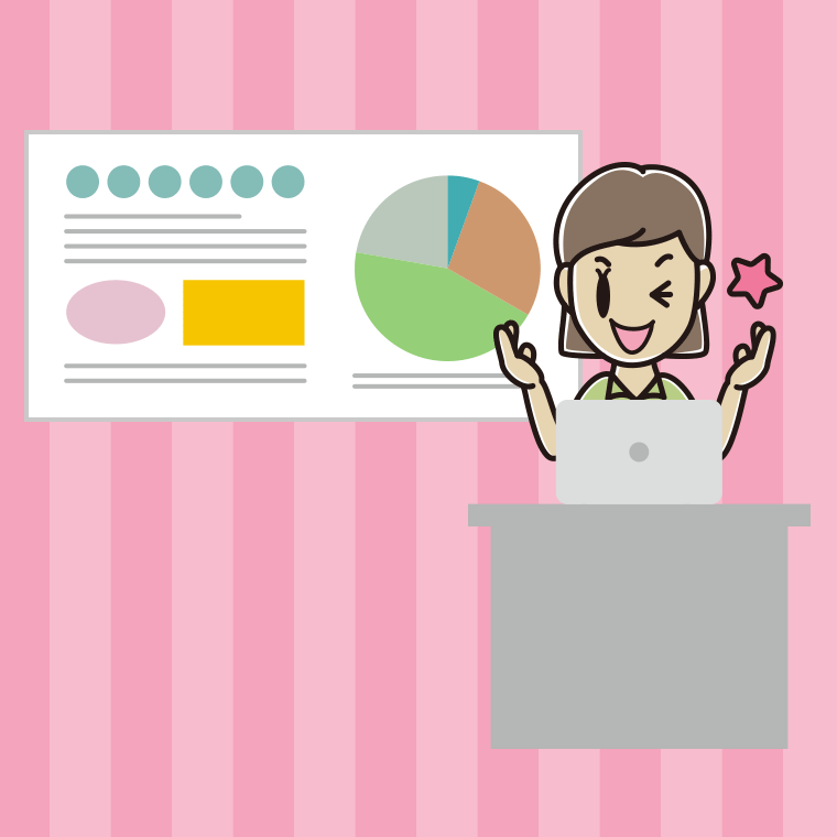 プレゼンでウインクする女性会社員（クールビズ）のイラスト【色、背景あり】PNG