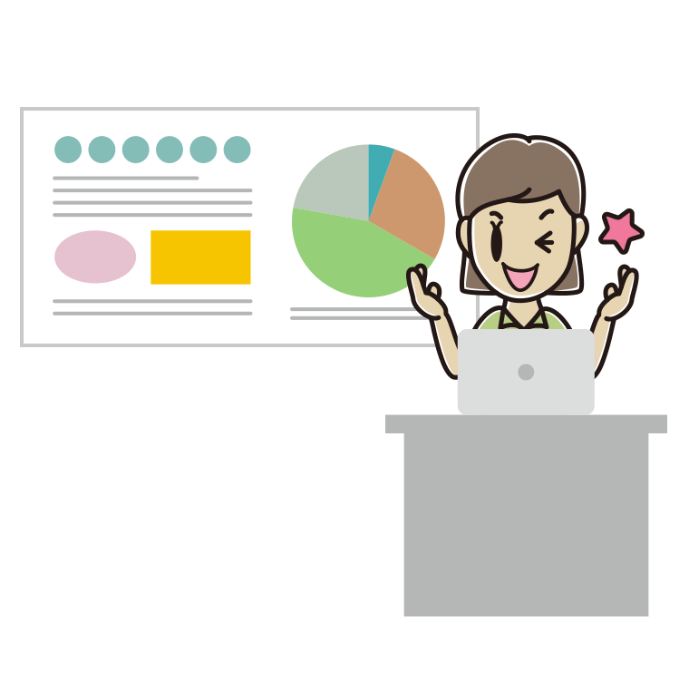 プレゼンでウインクする女性会社員（クールビズ）のイラスト【色あり、背景なし】透過PNG