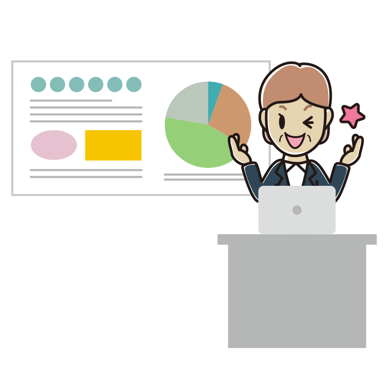 プレゼンでウインクする年配女性会社員のイラスト【色あり、背景なし】透過PNG