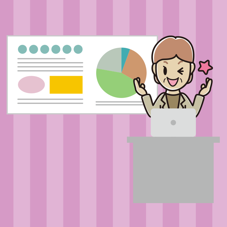 プレゼンでウインクする年配女性会社員（カジュアル）のイラスト【色、背景あり】PNG