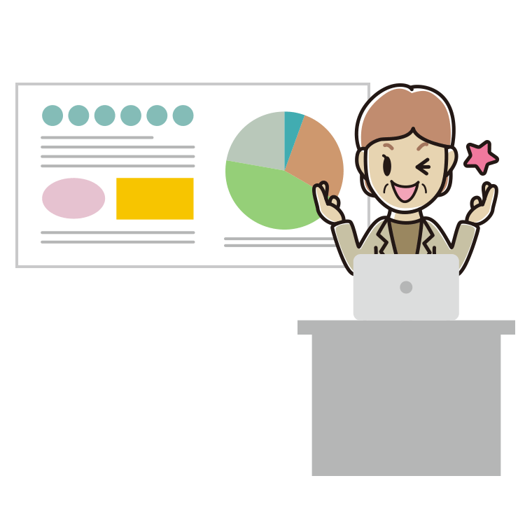プレゼンでウインクする年配女性会社員（カジュアル）のイラスト【色あり、背景なし】透過PNG