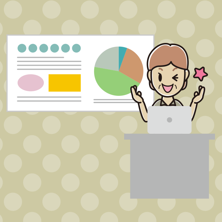 プレゼンでウインクする年配女性会社員（クールビズ）のイラスト【色、背景あり】PNG