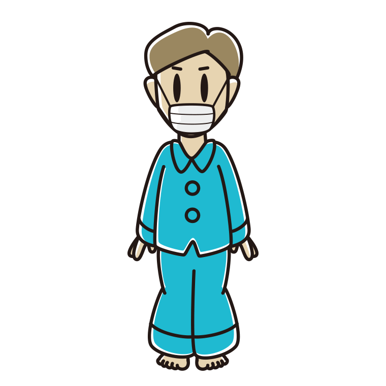 マスクをするパジャマの男性のイラスト【色あり、背景なし】透過PNG