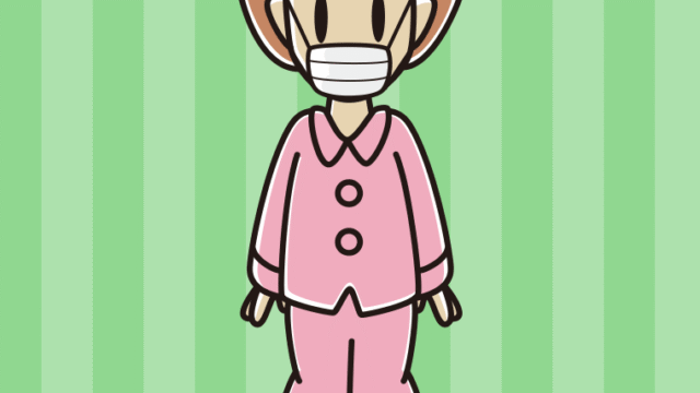 マスクをするパジャマの女性のイラスト【色、背景あり】PNG