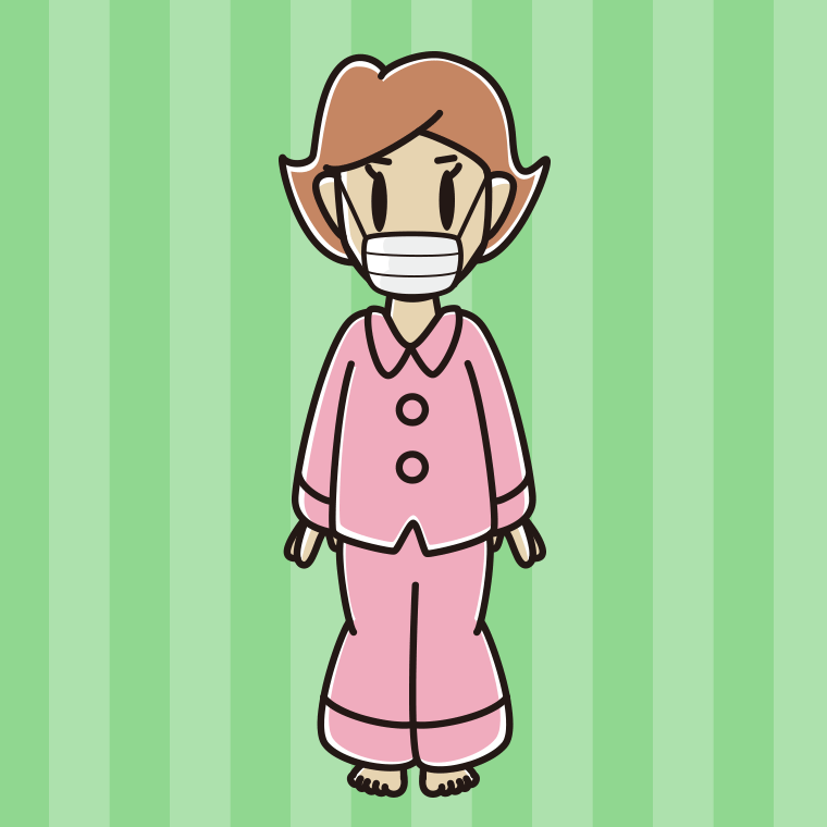 マスクをするパジャマの女性のイラスト【色、背景あり】PNG