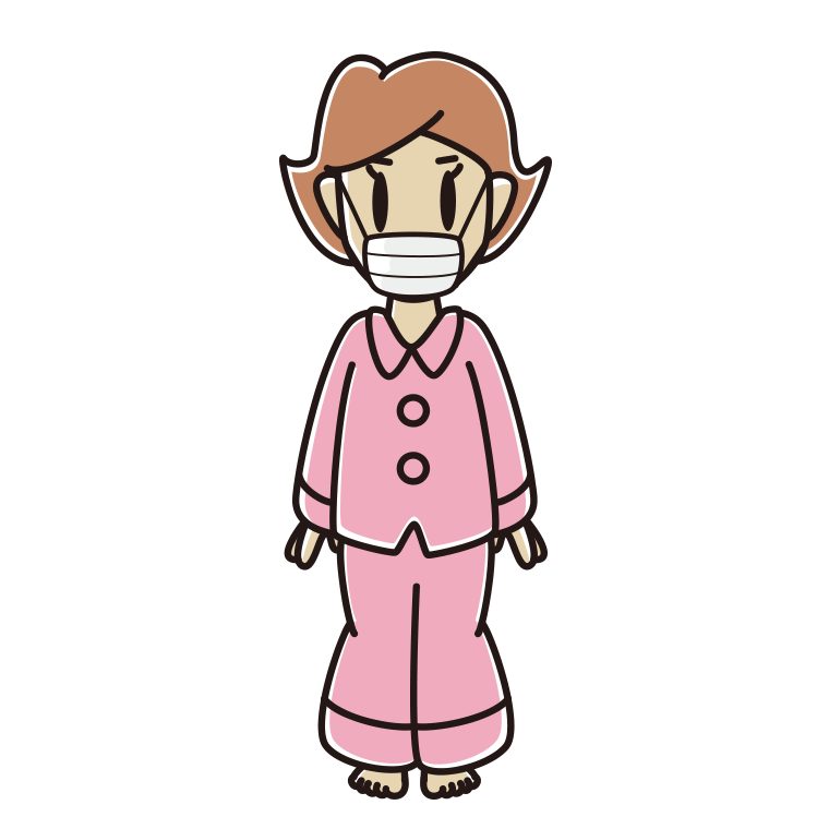 マスクをするパジャマの女性のイラスト【色あり、背景なし】透過PNG
