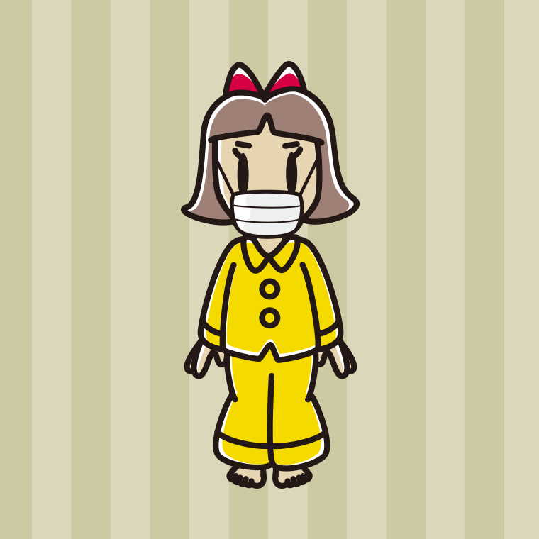マスクをするパジャマの小学生女子のイラスト【色、背景あり】PNG