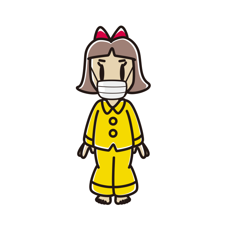 マスクをするパジャマの小学生女子のイラスト【色あり、背景なし】透過PNG