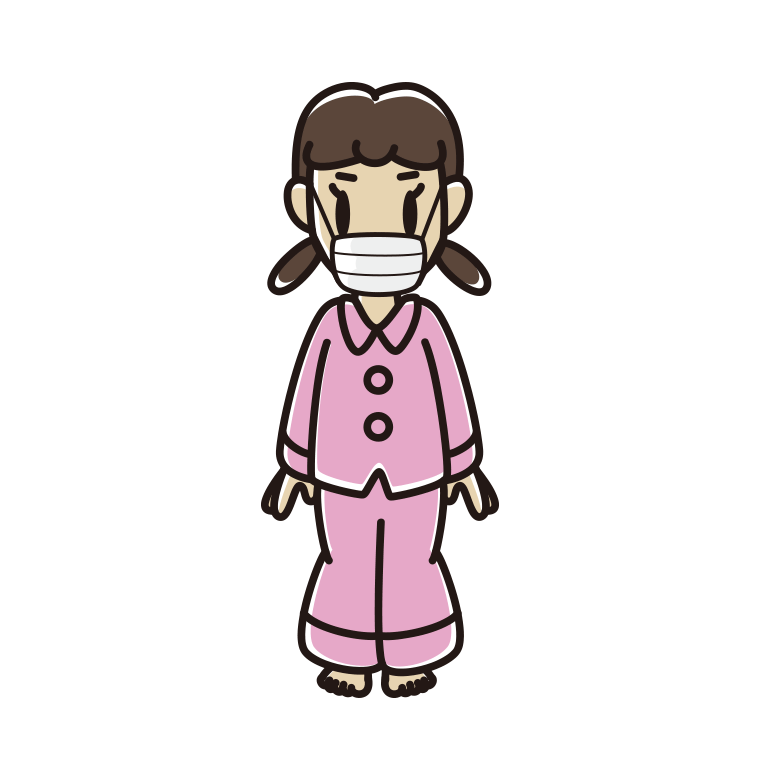 マスクをするパジャマの女子中学生のイラスト【色あり、背景なし】透過PNG