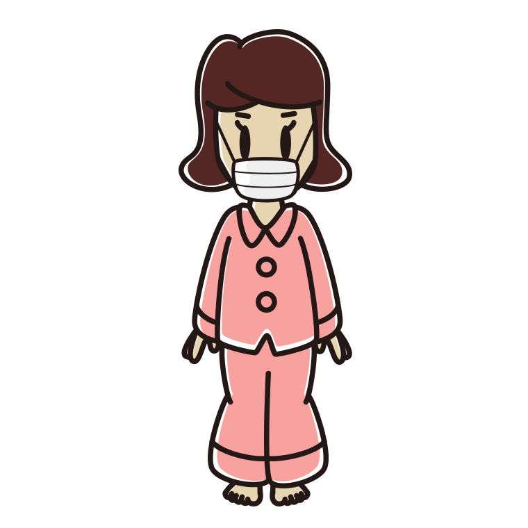 マスクをするパジャマの女子高校生のイラスト【色あり、背景なし】透過PNG