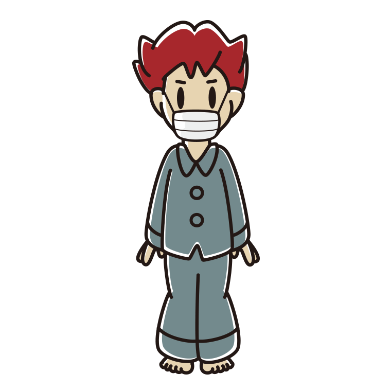 マスクをするパジャマの男子大学生のイラスト【色あり、背景なし】透過PNG