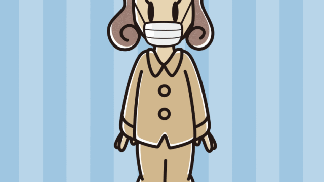 マスクをするパジャマの女子大学生のイラスト【色、背景あり】PNG