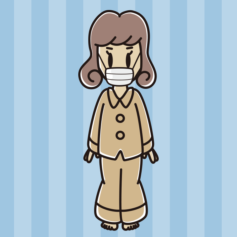 マスクをするパジャマの女子大学生のイラスト【色、背景あり】PNG
