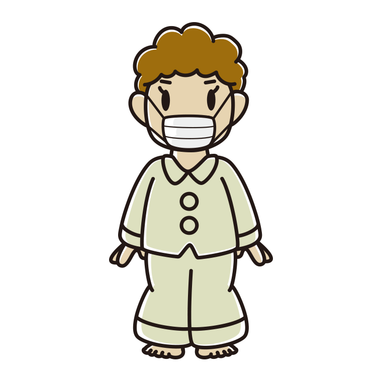 マスクをするパジャマのおばさんのイラスト【色あり、背景なし】透過PNG
