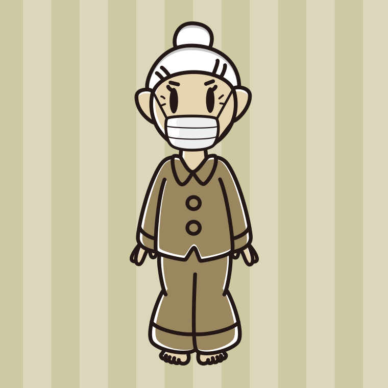 マスクをするパジャマのおばあさんのイラスト【色、背景あり】PNG