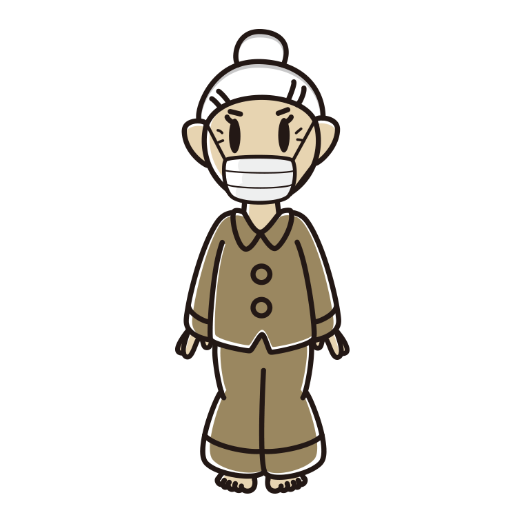 マスクをするパジャマのおばあさんのイラスト【色あり、背景なし】透過PNG