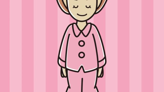 お辞儀するパジャマの女性のイラスト【色、背景あり】PNG