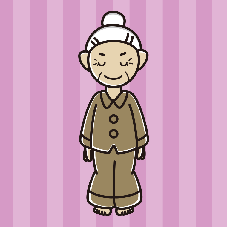お辞儀するパジャマのおばあさんのイラスト【色、背景あり】PNG