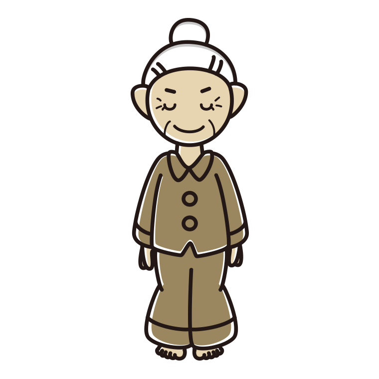 お辞儀するパジャマのおばあさんのイラスト【色あり、背景なし】透過PNG
