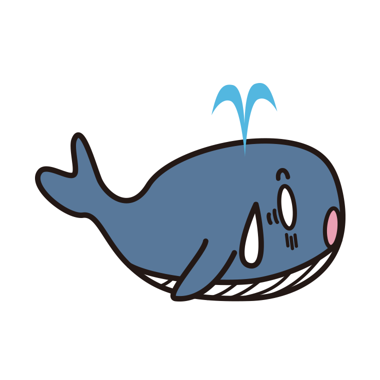 ショックを受けるクジラちゃんのイラスト【色あり、背景なし】透過PNG