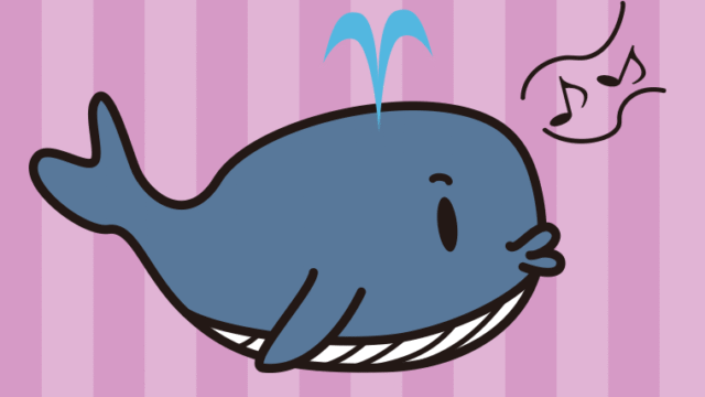 口笛を吹くクジラちゃんのイラスト【色、背景あり】PNG