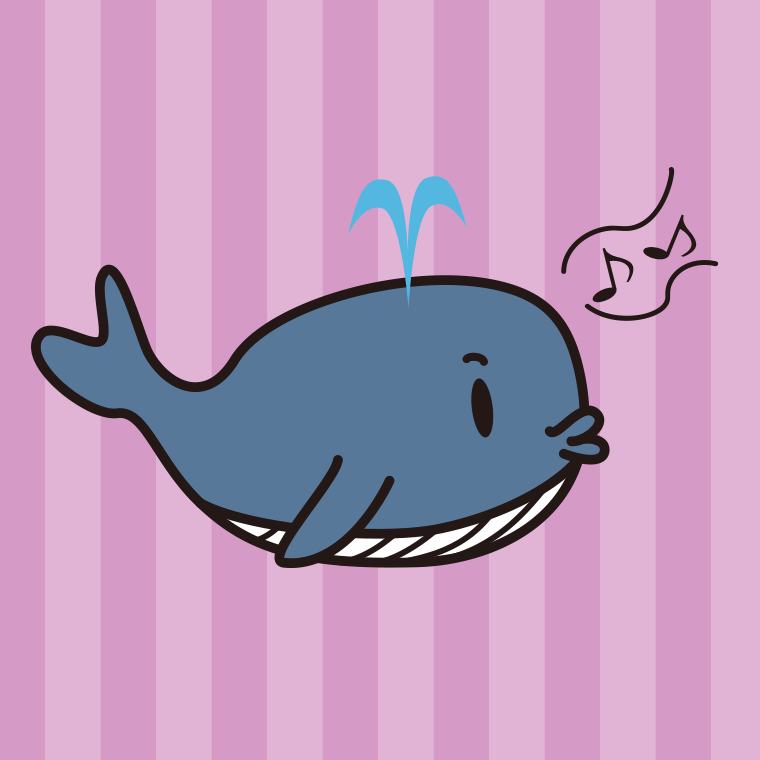 口笛を吹くクジラちゃんのイラスト【色、背景あり】PNG