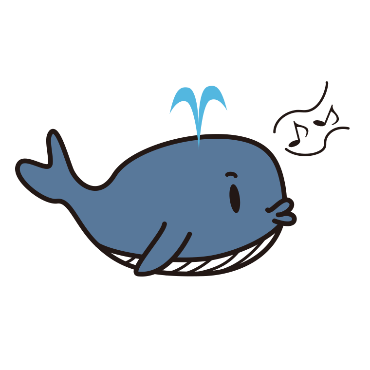 口笛を吹くクジラちゃんのイラスト【色あり、背景なし】透過PNG