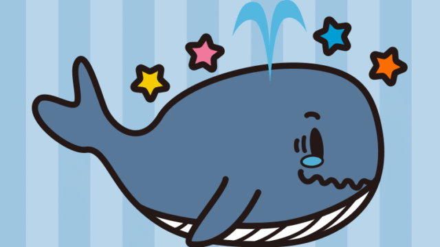 ジーンとするクジラちゃんのイラスト【色、背景あり】PNG