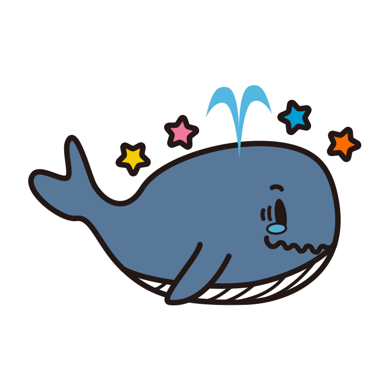 ジーンとするクジラちゃんのイラスト【色あり、背景なし】透過PNG