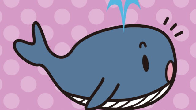何かに気付くクジラちゃんのイラスト【色、背景あり】PNG