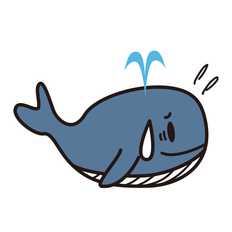 苦笑いするクジラちゃんのイラスト【色あり、背景なし】透過PNG