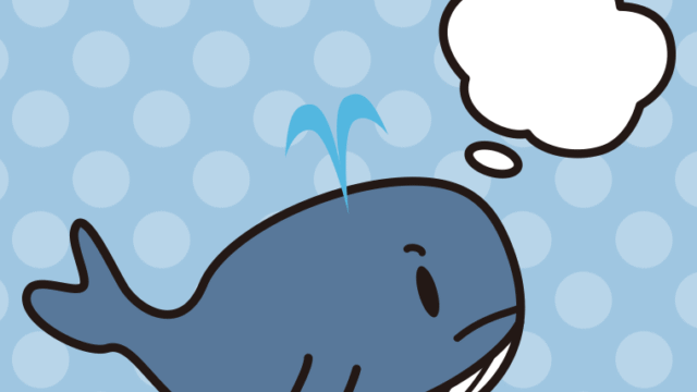 考えるクジラちゃんのイラスト【色、背景あり】PNG