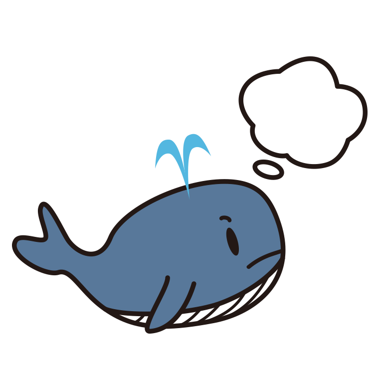考えるクジラちゃんのイラスト【色あり、背景なし】透過PNG