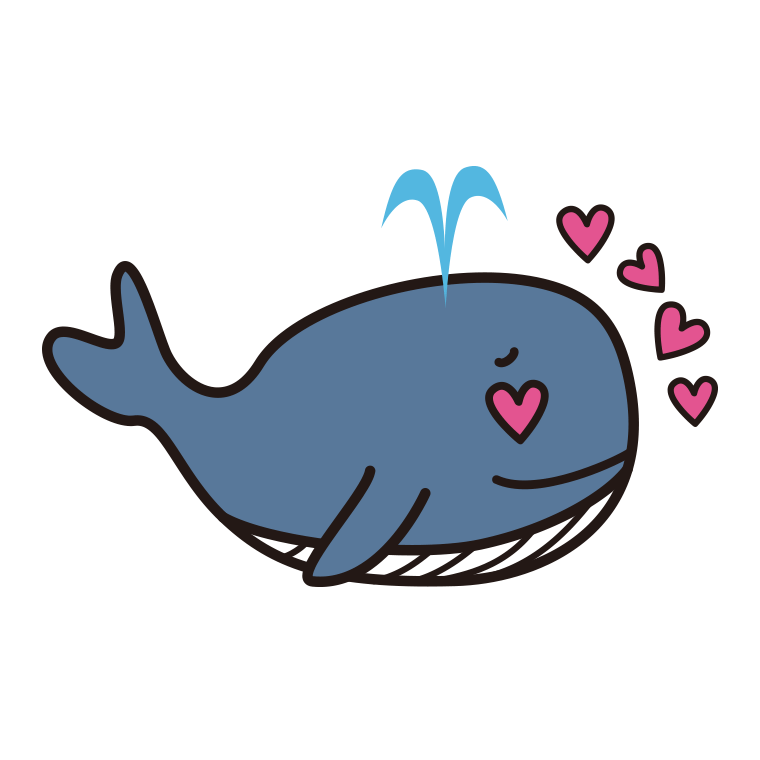 目がハートのクジラちゃんのイラスト【色あり、背景なし】透過PNG